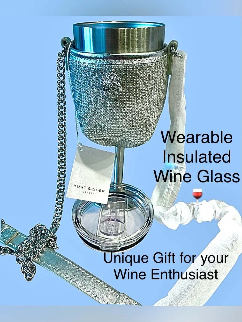 Kurt Geiger Wearable Wine Goblet/Insulated/lidded/Crystal Laden Cover +Dust Bag